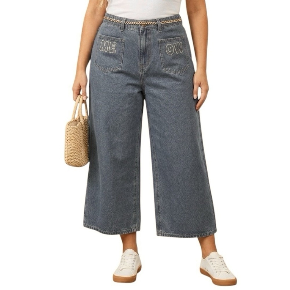 CIDER Wide Leg Cropped Jeans 2XL "MEOW" Cargo Pockets High-Rise Denim Coastal
